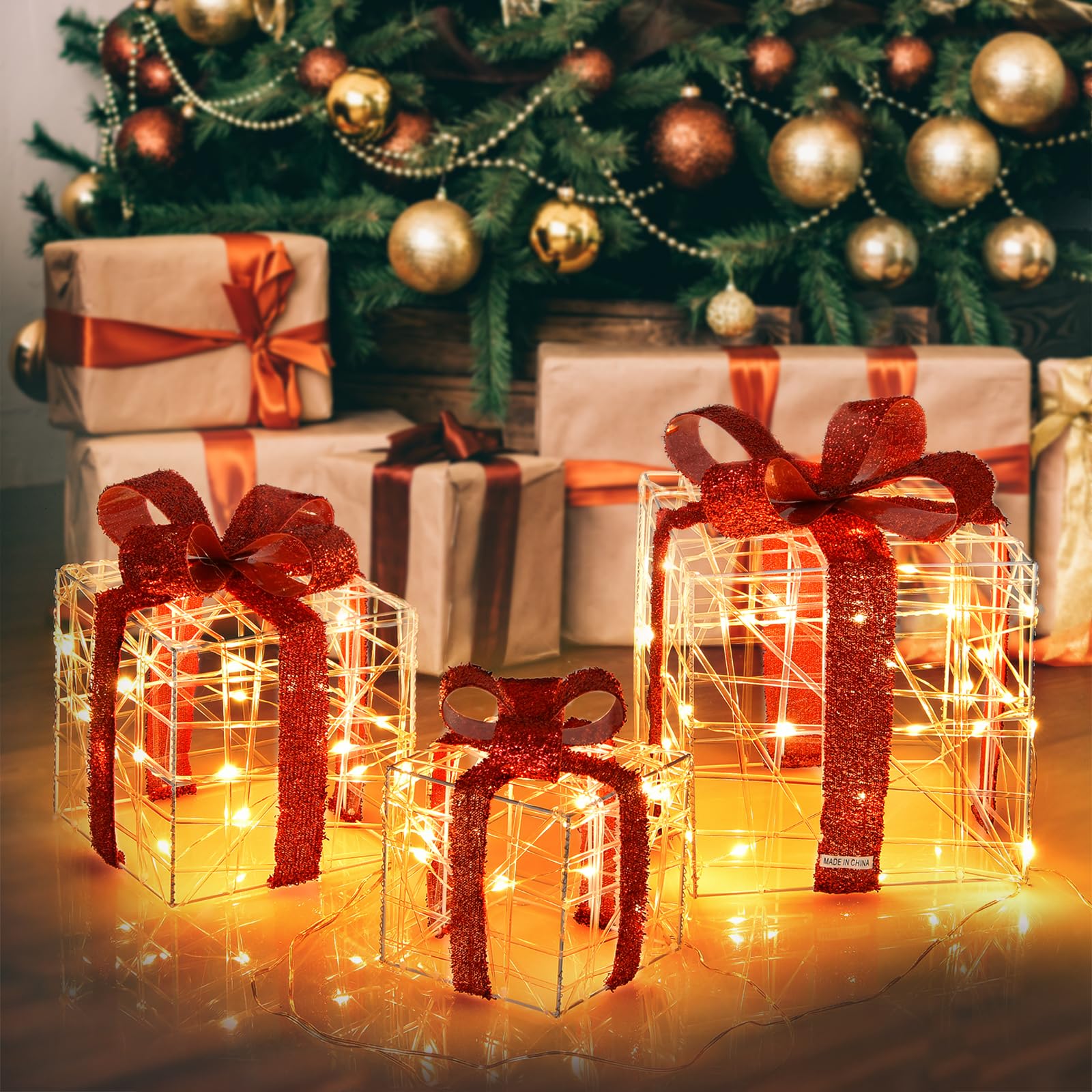 Tangkula Lot de 3 boîtes cadeaux lumineuses de Noël